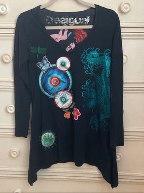 Desigual Navy V-Neck Tunic with Teal Dragon & Multicolor Targets